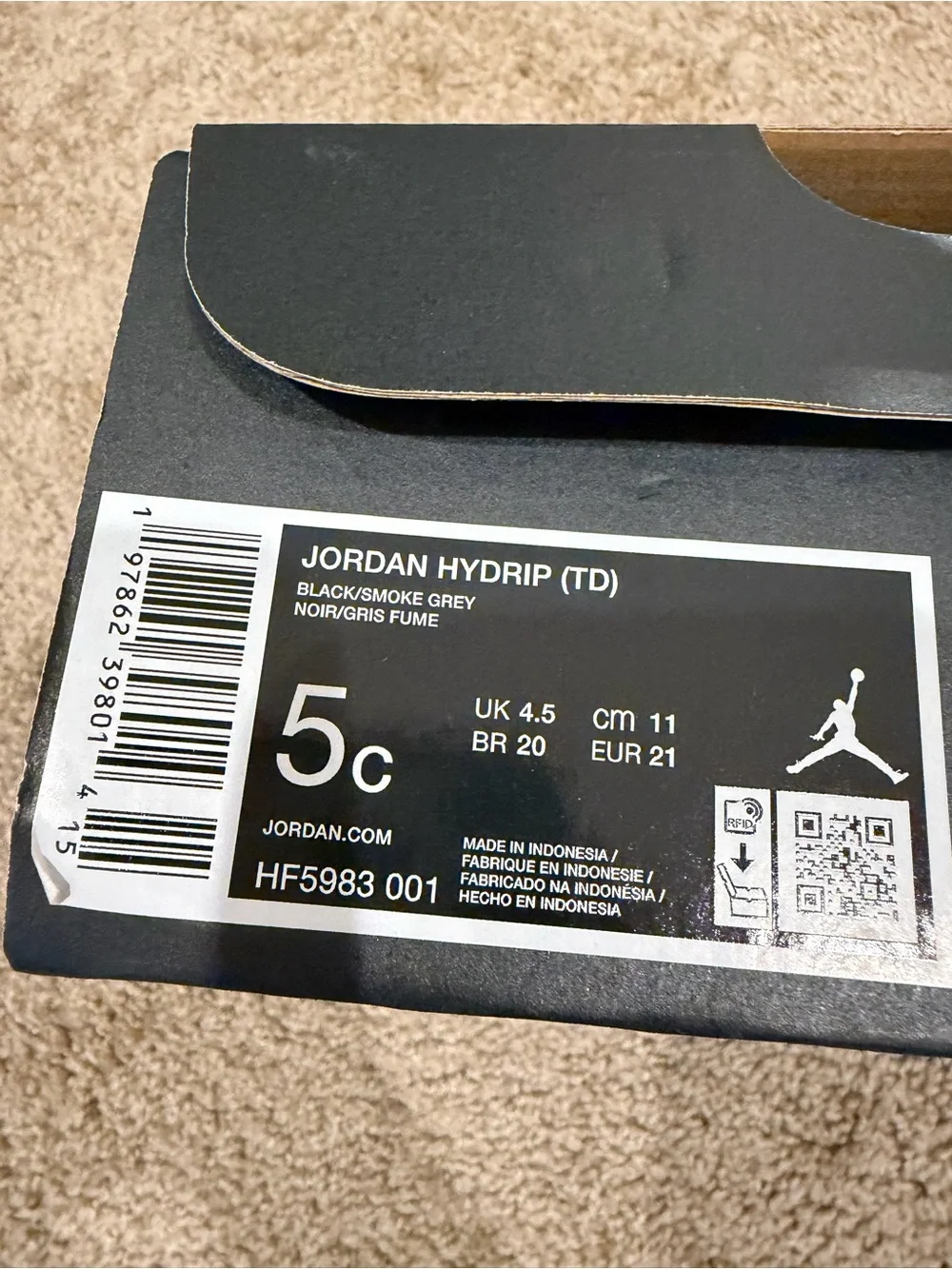 Jordan Hydrip (TD) Size 5c Kids Black Slip-On Water Clogs with Gray Heel Strap